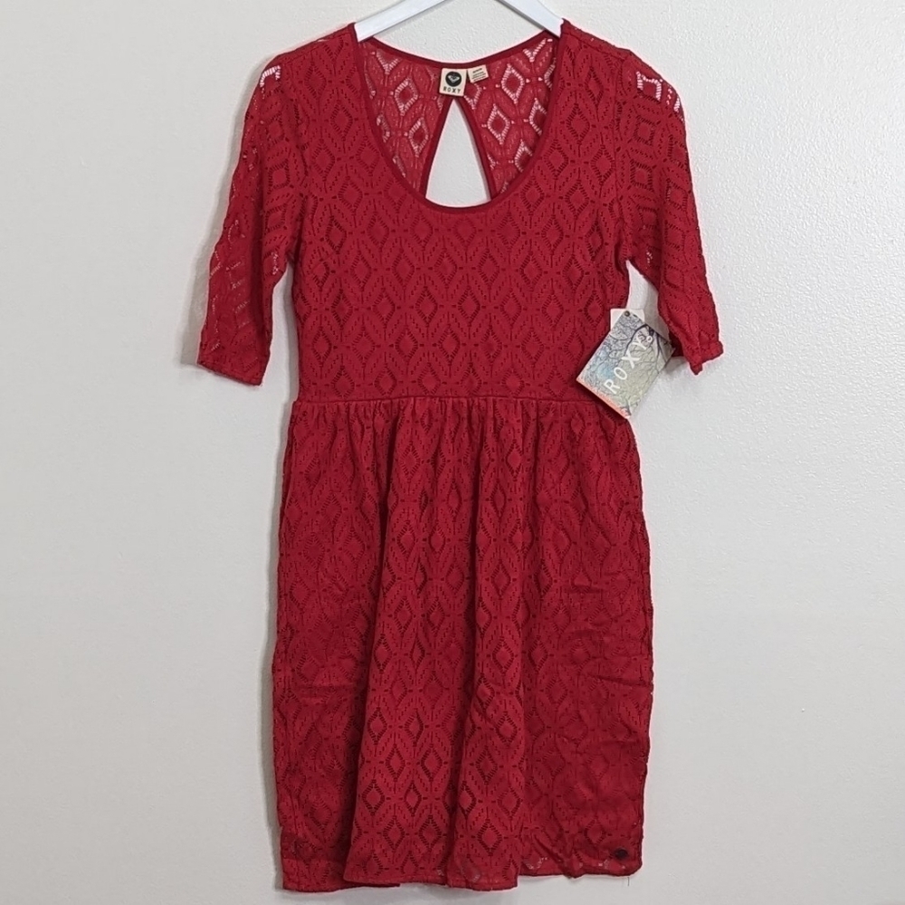 Roxy Womens Juniors Red Lace Overlay Half Sleeve Cutout Back Dress Medium NWT
